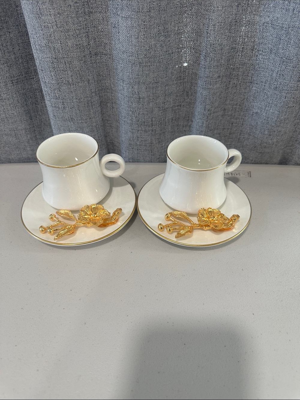 2 cream Porcelain Espresso Cup & Saucer Set with Gold Accent. NWOT.